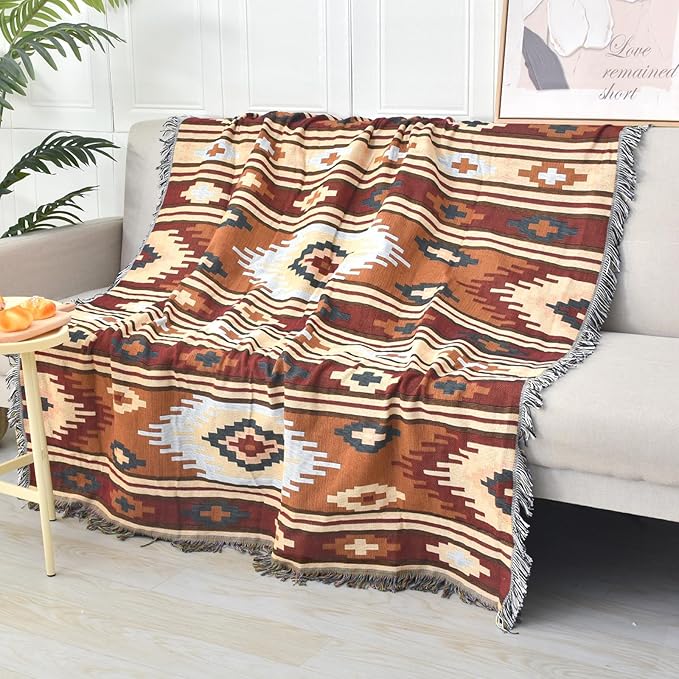 Boho Throw Blanket Reversible Cotton Bohemian Tapestry Hippie Room Decor Outdoor Blanket Double Sided (Boho Pattern, 50"x60")