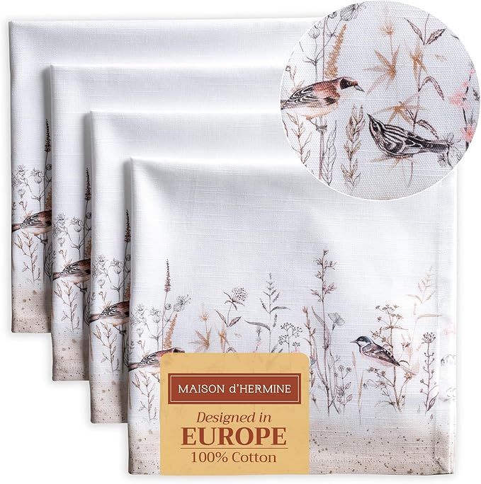 Maison d' Hermine Cloth Napkins Set of 4 100% Cotton Everyday Reusable Square Napkins Cloth Washable, Dinner, Party, Wedding, Restaurant, Spring/Summer (Meadow Florals - Brown, 20" x 20")