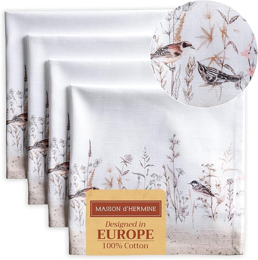 Maison d' Hermine Cloth Napkins Set of 4 100% Cotton Everyday Reusable Square Napkins Cloth Washable, Dinner, Party, Wedding, Restaurant, Spring/Summer (Meadow Florals - Brown, 20" x 20")