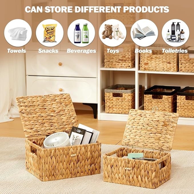 Wicker Basket with Lid, Water Hyacinth Storage Baskets for Shelves, Large & Small Storage Basket with Lid and Built-in Handles, Hand Woven Hyacinth Baskets 2 Pack