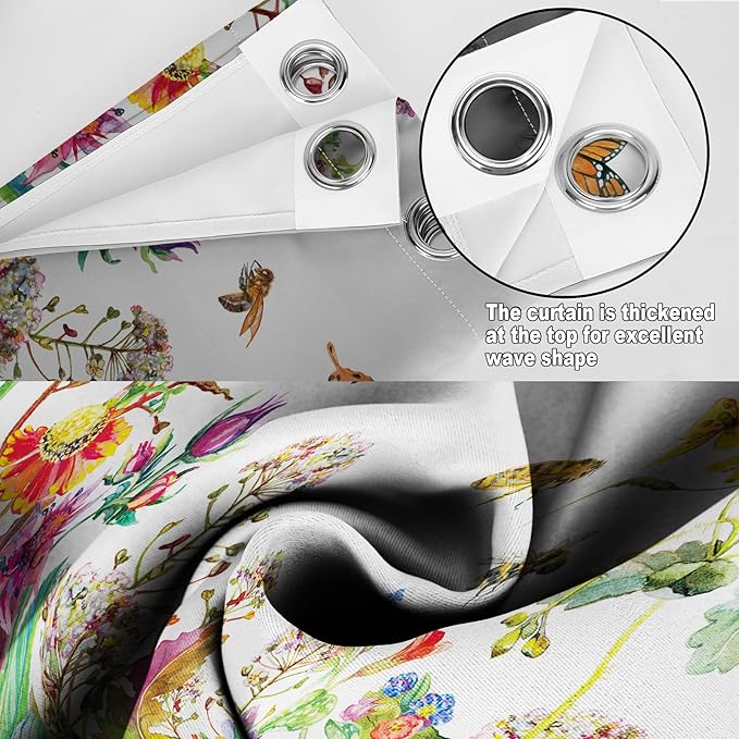 MissHope Spring Flowers Floral Blackout Curtains Colorful Wildflower Botanical Butterfly Bee Green Plant Leaves Decor for Home Bedroom Living Room Grommet Window Drapes 2 Panels, 52x84 Inch