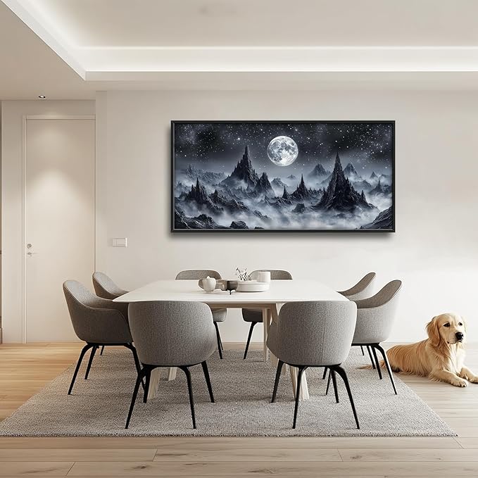 Olivine Mountain Large Wall Art, Moon Pictures Wall Decor, Nature Landscape Paintings, Night Mountains Canvas Prints, Framed Artwork for Dining Room Bedroom Living Room Office Bathroom Home 60"x30"