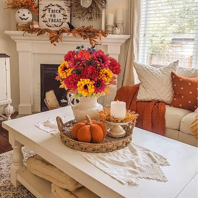 HUAESIN Artificial Fall Flowers 2 PCS Silk Sunflower with Peony Fall Cemetery Flowers Faux Flowrer Arrangements Home Indoor Outdoor Planter Decor Party Wedding Table Autumn Decoration