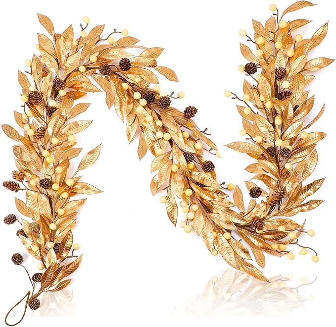 Dingion 6 ft Gold Christmas Leaf Garland with Berry and Pine Cone for Christmas Tree Mantle Gold Bay Leaf Garland Artificial Bayleaf Berry Garland Christmas Gold Leaves Garland for Xmas Holiday Decor