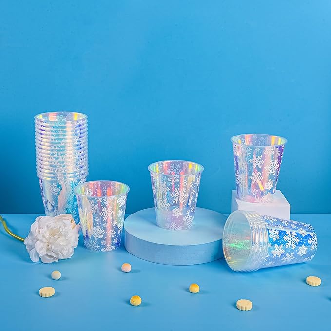 25 Winter Plastic Cups Iridescent Snowflake Party Cups 12oz Frozen Shiny Snowflakes Disposable Drinking Cups for Birthday Wedding New Year Holiday Party Supplies
