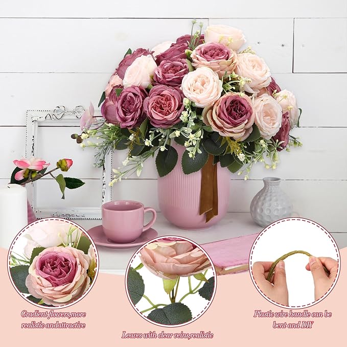 Geosar 8 Bundles Artificial Peonies Flowers Fake Silk Peony Bouquet Faux Peonies Flowers Bulk for Decoration Vase Florals Arrangements Wedding Party Table (Dusty Pink,Dusty Rose)