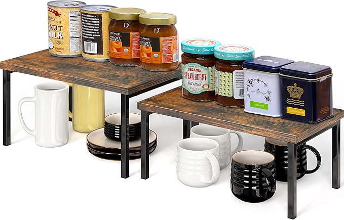 Simple Houseware Wooden Top Expandable Stackable Kitchen Cabinet and Counter Shelf Organizer, Rustic Brown