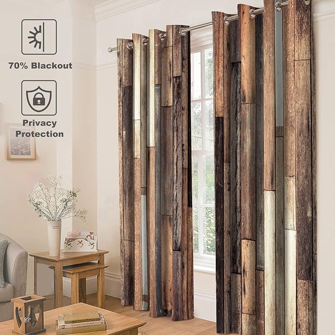 Jekeno Rustic Wooden Blackout Curtains Brown Wood Hardwood Floor Plank Board Door of Farmhouse Village Rural Lodge Retro Decor for Bedroom Living Room Grommet Window Drapes 2 Panel Set, 52"x84"