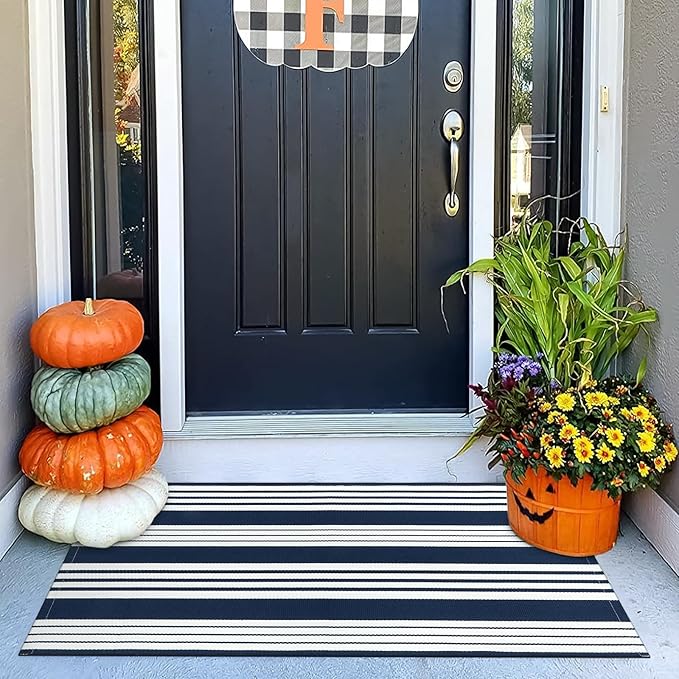 OJIA Entryway Rug 24''x51'', Machine Washable Fall Front Door Mat Cotton Woven Blue and White Outdoor Rugs Porch Rug Striped Kitchen Runner Indoor Door Mat for Farmhouse/Entry/Home Entrance