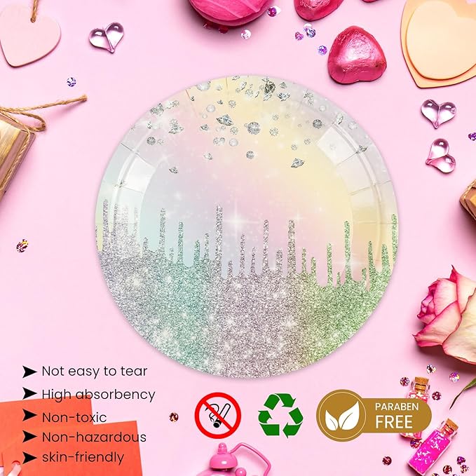 50PCS Colourful Glitter Paper Plates - 7inch Rainbow Diamond Birthday Dessert Plate for Cake Salad Pizza Disposable Supplies for Girls Women Mermaid Anniversary Birthday Wedding Party