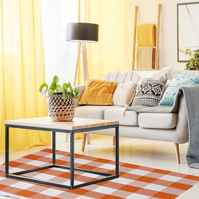 SEEKSEE Cotton Buffalo Plaid Rug 3'x5' Orange and White Checked Rug Washable Doormats Indoor Outdoor Rugs for Layered Front Door Mats, Porch, Kitchen, Farmhouse, Entryway