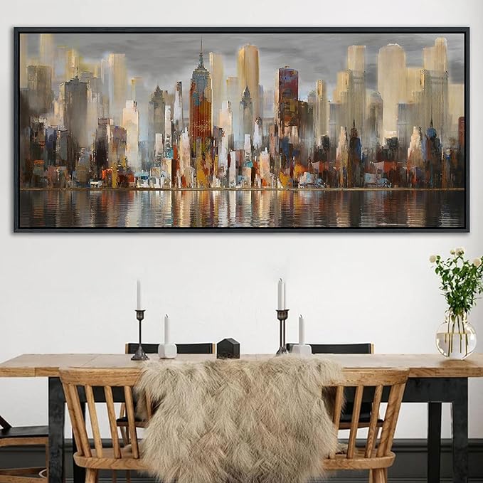 Framed Large Cityscape New York Wall Art Canvas Prints Abstract Brown City Theme Paintings Modern Canvas Wall Art for Living Room Pictures Wall Decor Bedroom Big Size 40x87