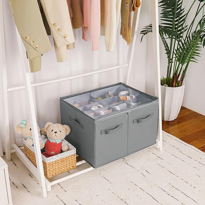 Shoe Organizer for Closet, Foldable Shoe Box with Adjustable Dividers and Clear Cover, Space Saving Shoe Storage Organizer Cabinet with Reinforced Handles, Fits 16 Pairs, Gray, TP09G