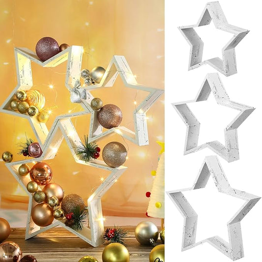 3 Pcs Christmas Wooden Table Decoration Centerpiece Sign Crafts for Farmhouse Desk Coffee Tabletop Fireplace Mantle Bookshelf Tiered Tray Shelf Accents Rustic DIY Ornament(White,Star)