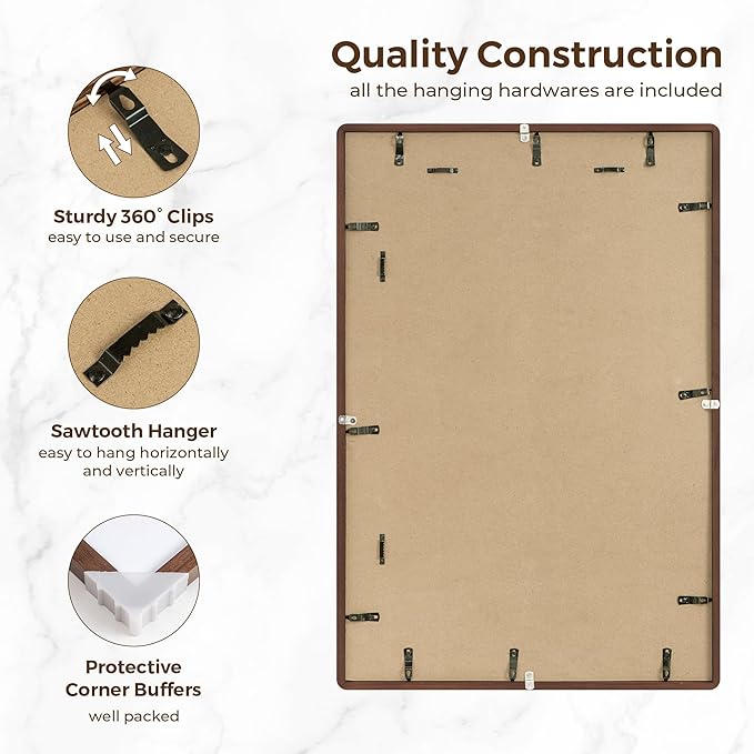 20x30 Picture Frame, 20 x 30 Poster Frame - Solid Oak Wood, 20 by 30 Frame with Tempered Glass, Rustic Wooden 20"x30" Frame with Mat for 16"x24", Minimalist 20x30 Frames for Wall, Walnut Color, 1 Pack