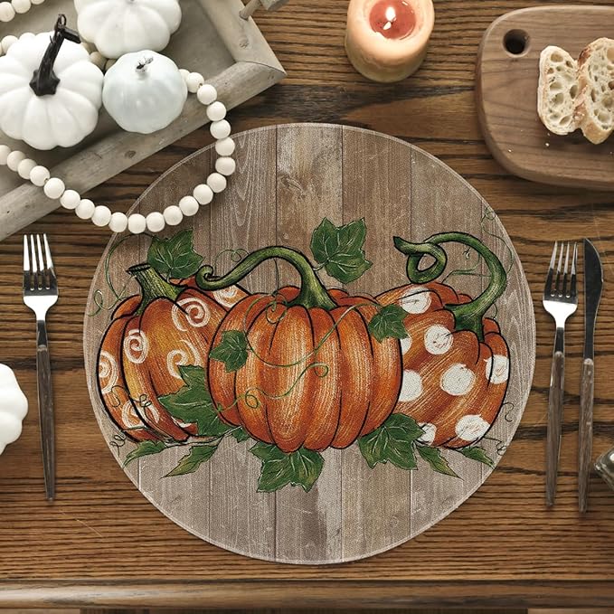 Artoid Mode Wood Pumpkins Fall Round Placemats Set of 4,14 Inch Seasonal Round Place Mats for Party Dining Decoration