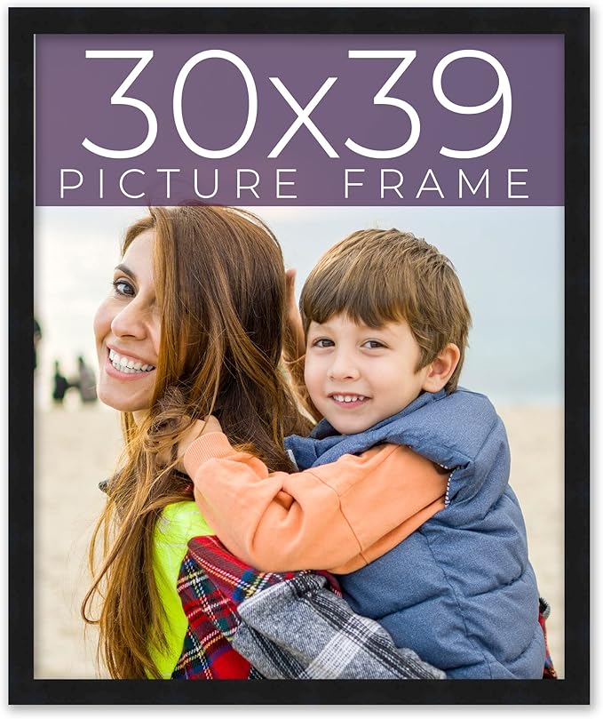 30x39 Frame Black Real Wood Picture Frame Width 0.75 Inches | Interior Frame Depth 0.5 Inches | Noir Classique Mid Century Photo Frame Complete with UV Acrylic, Foam Board Backing & Hanging Hardware