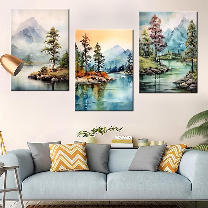 Lake 3 Pieces Poster Wall Art Landscape Watercolor Mountain Forest Print on Canvas Abstract Theme Picture Painting Wall Decor Artwork for Living Room Hotel Workplace Ready to Hang [60''Wx28''H]
