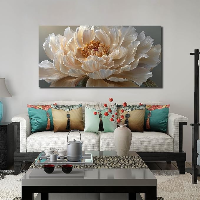 Ouzzlie Large Flower Canvas Wall Art Floral Wall Decor Light Yellow Peony Picture Art for Bedroom Living Room Office Modern Artwork Posters 29" x 59"