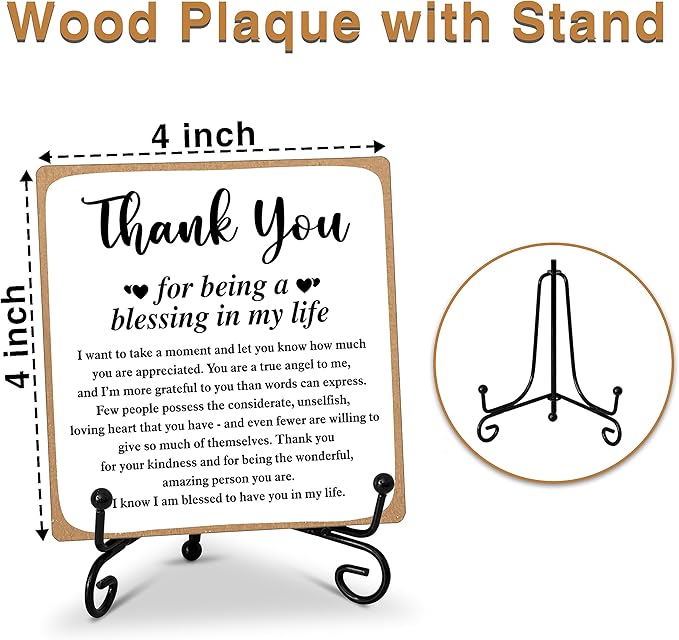 Thank You Gifts for Women Men Friends Mom, Thank You for Being A Blessing in My Life Wooden Plaque with Stand, Thanksgiving Day Gifts for Family Member Desk Decor - B75