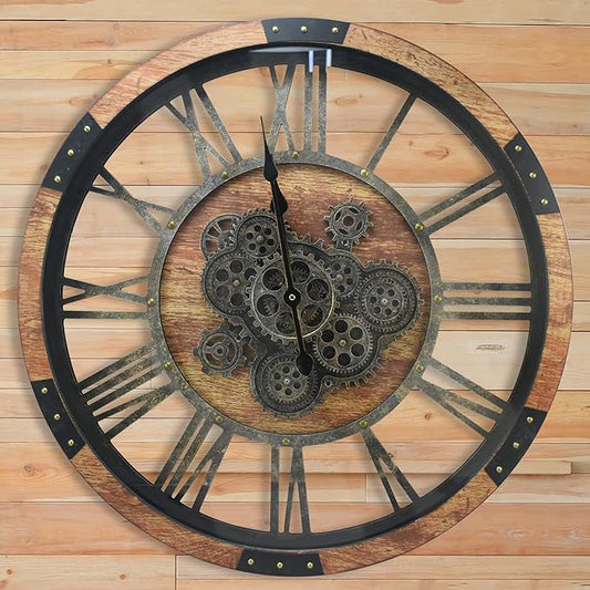 27 inch Large Real Moving Gears Wall Clock with Toughened Glass Cover, Oversized Vintage Solid Wood Farmhouse Clock, Giant Decorative Rustic Wall Clock for Living Room Home Kitchen Office (Brown)
