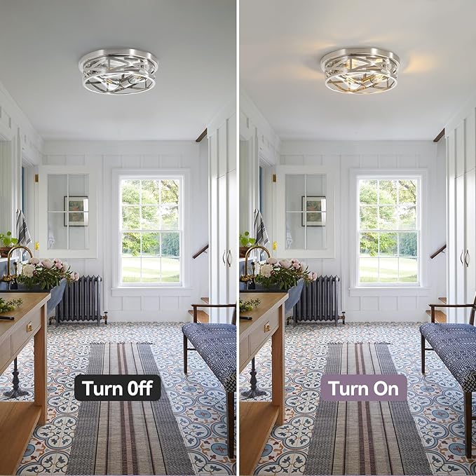 13 inch Brushed Nickel Flush Mount Ceiling Light Fixtures,3-Light Industrial Farmhouse Ceiling Light Fixture,Brushed Nickel Light Fixture Ceiling Mount for Kitchen Bedroom Living Room Hallway 2 Pack