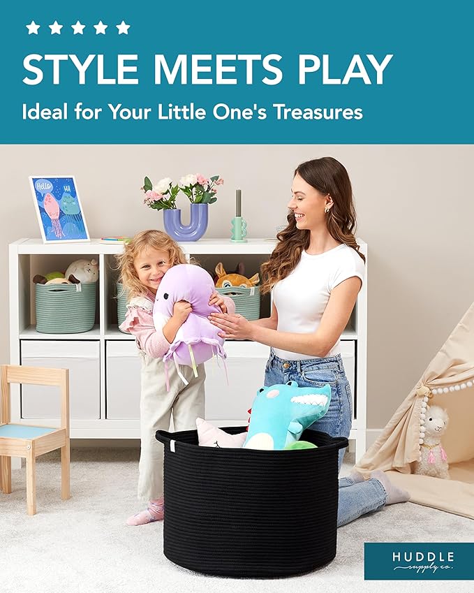 XXXXL WASHABLE Large Black Basket Blanket Basket Living Room 2PCs Toy Baskets Storage Kids Woven Rope XXX Extra Large Basket for Blankets,Pillows,Throws,Laundry + Small Basket | BIG Basket Blanket