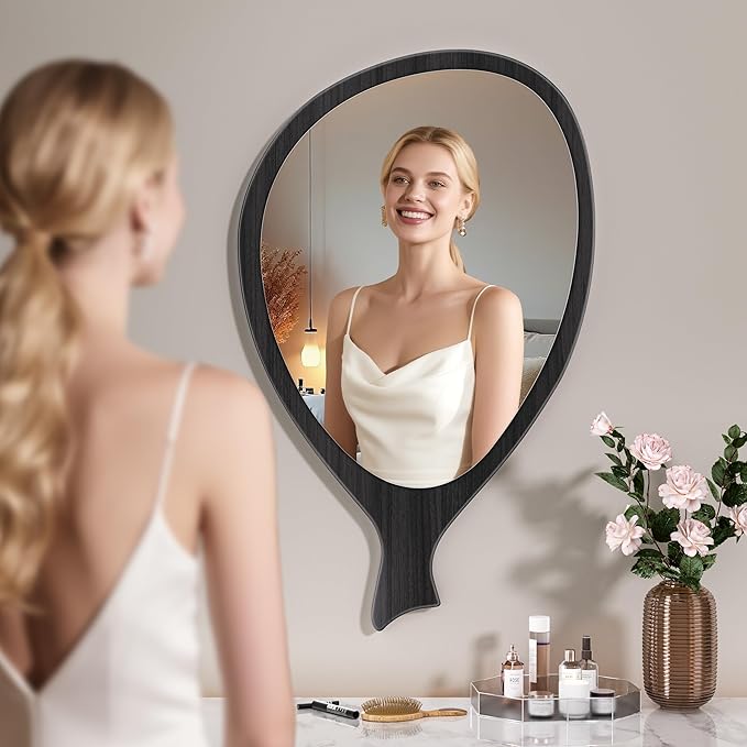 Irregular Asymmetrical Wall Mirror for Living Room Bathroom Entryway, Modern Decorative Mirror Hanging (Hook Style, 30'' x 18'' Walnut