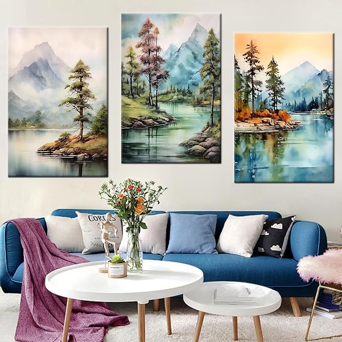 3 Pieces Landscape Canvas Wall Art Large Size Poster Mountain Range Forest Trees Lakes HD Picture Print Artwork for Modern Home Living Room Office Wall Decoration Stretched and Framed [72''Wx 36''H]