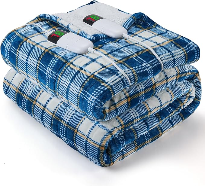 Electric Heated Blanket King Size, 90X100 Heating Blanket King With Dual Control&10 Heats Levels&Timer For Bed,Large Navy Blue Plaid Sherpa Blankets Warmer Gifts for Grandma Women Adults, Washable,ETL