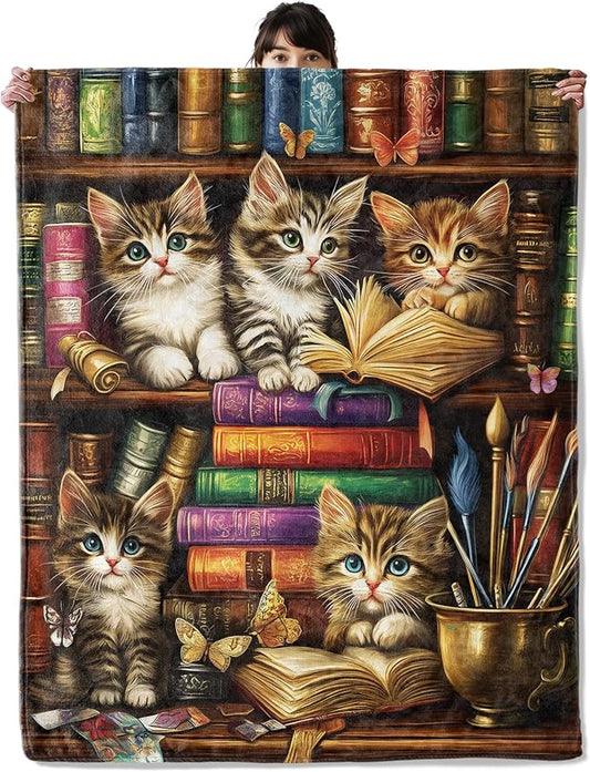 Bookcase Kitten Blanket, Cozy Flannel Cute Cats with Books Throw Blanket, Soft Fuzzy Blankets for Travel Home Decor, All Season Lightweight Couch Bed Cover, Gifts for Women Adults Kids 50"×60"