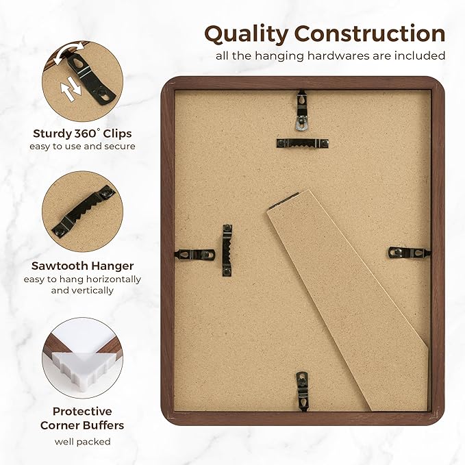 8x10 Picture Frame, Rustic 8 by 10 Photo Frame for Wall & Tabletop Display - Solid Oak Wood & Tempered Glass, 8x10 Picture Frame Matted to 5x7, Wood Collage Frames for Home, Walnut Color, 1 Pack