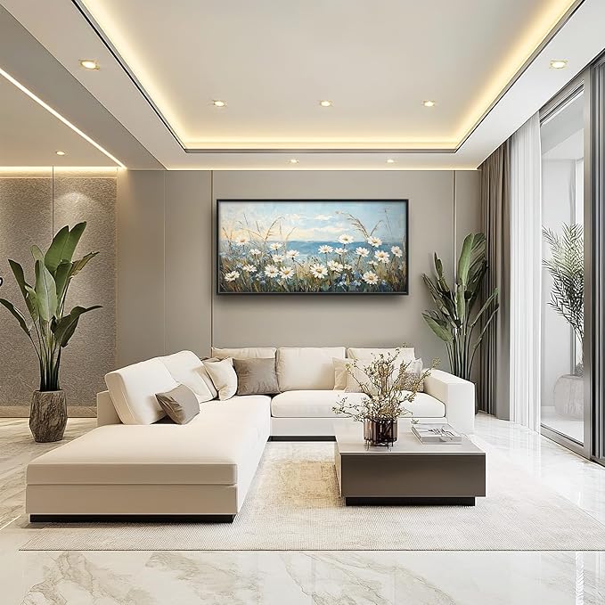 Flintis Large Ocean Daisy Framed Wall Art Beach Daisy Flower Pictures Wall Decor Abstract Natural Landscape Canvas Painting Print Artworks Framed for Living Room Bathroom Master Bedroom 60L X 30W