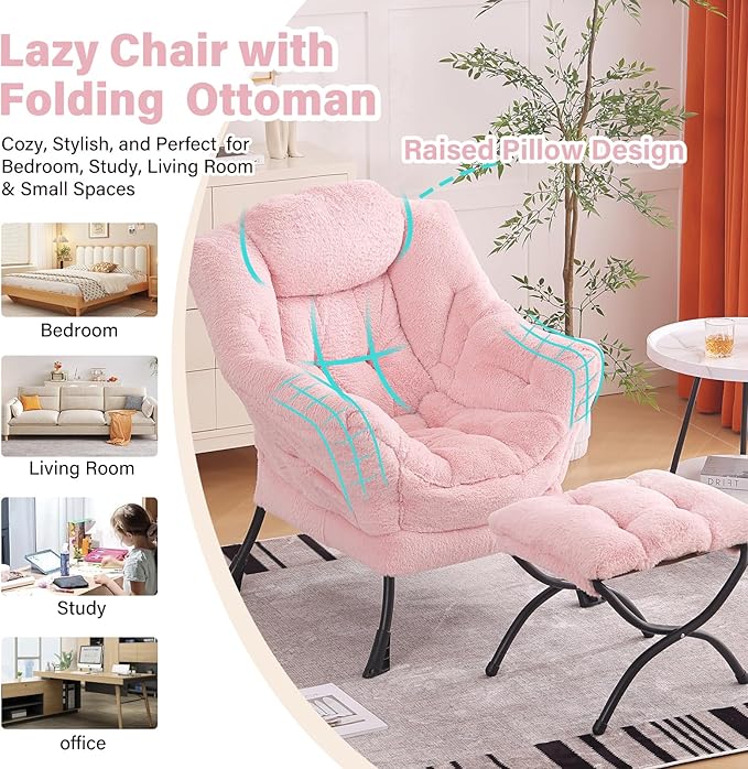 Lazy Chair with Ottoman, Modern Chair with Folding Footrest, Lounge Accent Chair, Comfortable Reading Chair, Oversized Armchairs for Bedroom, Study, Living Room(Plush Pink)