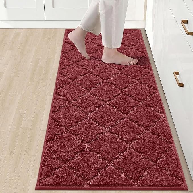 COSY HOMEER Soft Kitchen Floor Mats for in Front of Sink Super Absorbent Rugs and 20"x59" Non-Skid Mat Standing Washable,Polyester,Red