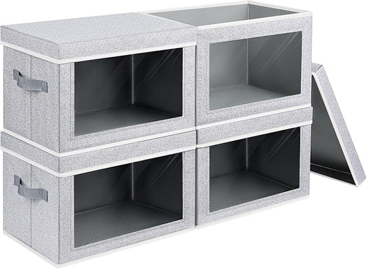 Storage Boxes with Lids - 4 Pack Fabric Clear Window Storage Bins, Large Decorative Storage Bins with Handles, Linen Closet Organizer for Clothes, Towel, Blanket, Light Grey