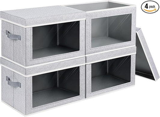 Foldable Storage Bin with Lid - Closet Storage Organizer with Window, Storage Bins with Lids for Clothes, Fabric Storage Baskets for Shelves, Bedroom, Dorm, Light Grey, 4 Pack