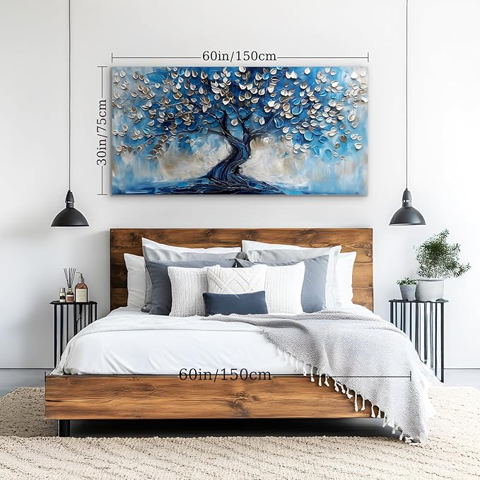 crmotu Tree of Life Large Wall Art for Living Room, Blue Tree Canvas Decor Paintings Abstract Art Prints, Neutral Navy Blue Pictures Wall Decor for Bedroom Bathroom Office Modern Home Decor 30"X60"