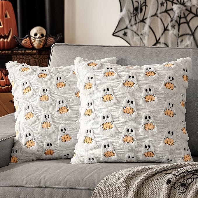 MIULEE Halloween Pillow Covers Decorative Fall Cute Ghost Plush Faux Fur Pillows 18x18 Inch Set of 2 Soft Pumpkin Accents for Sofa Couch Bed Living Room Festive Home Decor, White Orange