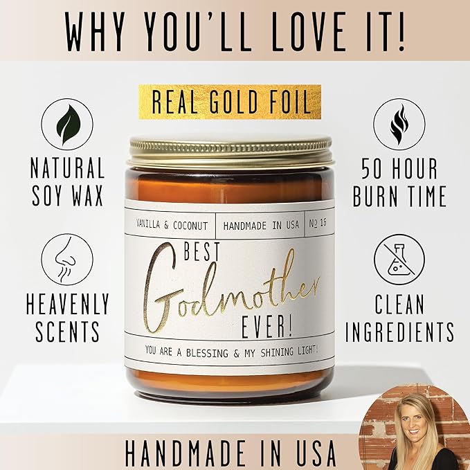 Godmother Gift - 'Best Godmother Ever!' Candle, w/Coconut & Vanilla - Godmother Gifts from Godchild I Godmother Proposal Gift I God Mother Gifts for Women I God Mom I 50Hr Burn, USA Made