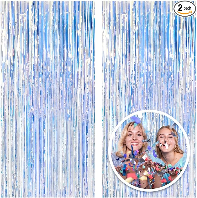 2 Pack Foil Curtain Backdrop Iridescent Metallic Tinsel Foil Fringe Curtains Photo Booth Props for Birthday Wedding Engagement Baby Shower Bachelorette Christmas Holiday Celebration Party Decorations