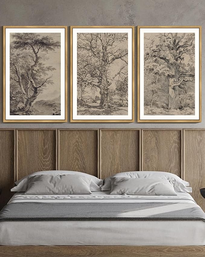 KUVIOKE Boho Vintage Tree Wall Art Framed Neutral Retro Forest Art Prints Antique Rustic Nature Wilderness Paintings Bedroom Hallway Decor 24x36in (Natural Framed)