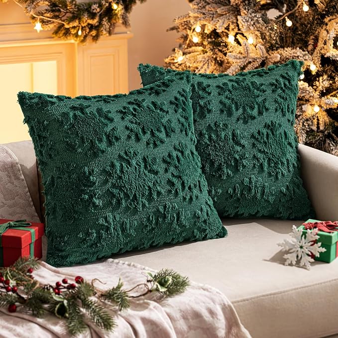 MIULEE Christmas Snowflake Decorative Throw Pillow Covers Set of 2,Soft Fluffy Faux Wool Winter Holiday Couch Pillows for Farmhouse Boho Home Decor Sofa Bed Porch Living Room 20x20 Inch Green