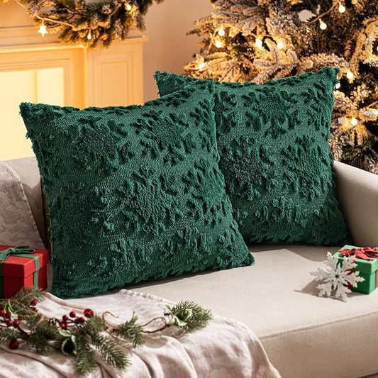 MIULEE Christmas Snowflake Decorative Throw Pillow Covers Set of 2,Soft Fluffy Faux Wool Winter Holiday Couch Pillows for Farmhouse Boho Home Decor Sofa Bed Porch Living Room 18x18 Inch Green