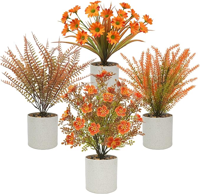 Uieke 4PCS Fall Tabletop Decor Fall Fake Potted Plants Autumn Mini Small Artificial Potted Plants for Fall Harvest Wedding Table Centerpiece Farmhouse Home Office Shelf Thanksgiving Decor