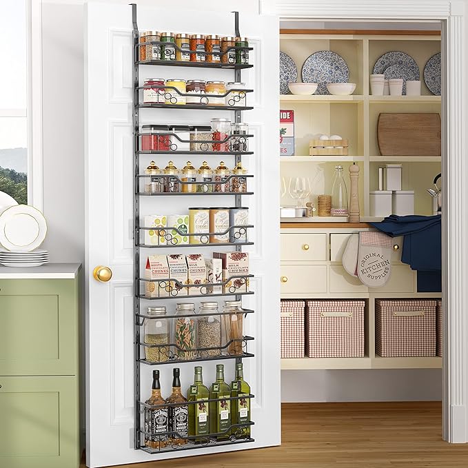 Moforoco 8-Tier Over The Door Pantry Organizer, Pantry Organization and Storage, Black Hanging Basket Wall Spice Rack Seasoning Shelves, Home & Kitchen Laundry Room Bathroom Essentials accessories