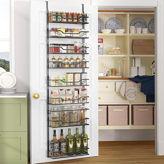 Moforoco 8-Tier Over The Door Pantry Organizer, Pantry Organization and Storage, Black Hanging Basket Wall Spice Rack Seasoning Shelves, Home & Kitchen Laundry Room Bathroom Essentials accessories