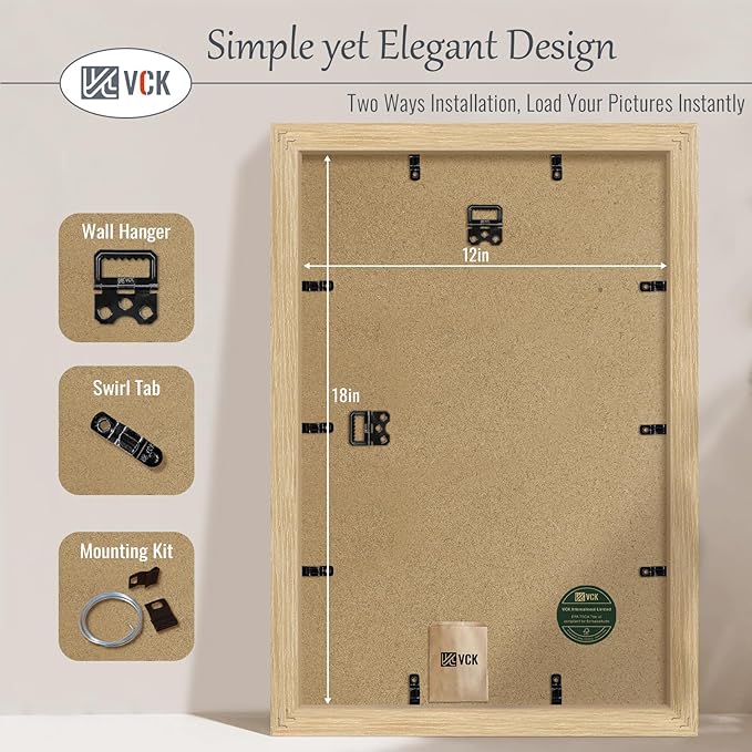 VCK 12x18 Oak Wood Frame for Poster & Picture, Natural Solid Wood Photo Frames 3 Pack, Wall Gallery Frame