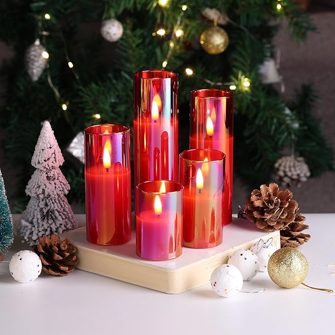 Eywamage Red Glass Flameless Candles with Remote Batteries, Flickering Slim Tall LED Candles Christmas Decor Set of 5