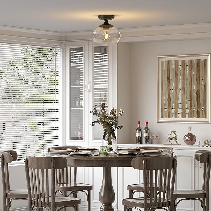 VONLUCE Industrial Semi Flush Mount Ceiling Light, 8.3" Ceiling Light Fixture with Clear Glass Shade, Farmhouse Lighting for Hallway Kitchen Bedroom Entryway, Matte Black Flush Mount Light Fixture